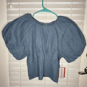 NWT Never A Wallflower Women's Top Size XS Puff Sleeve Blouse Shadow Blue Cotton